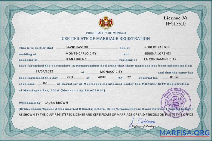 Realistic Monaco marriage certificate PSD template
